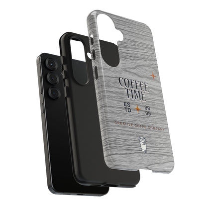 Coffee Time Tough Phone Case — Rustic Woodgrain Coffee Cup Design