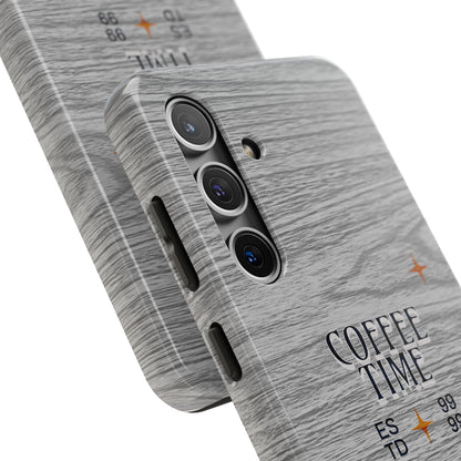 Coffee Time Tough Phone Case — Rustic Woodgrain Coffee Cup Design