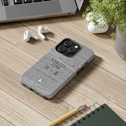 Coffee Time Tough Phone Case — Rustic Woodgrain Coffee Cup Design