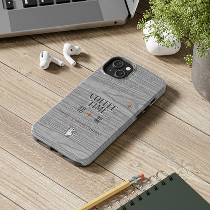 Coffee Time Tough Phone Case — Rustic Woodgrain Coffee Cup Design