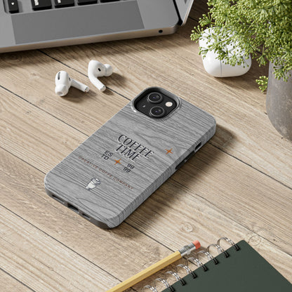 Coffee Time Tough Phone Case — Rustic Woodgrain Coffee Cup Design