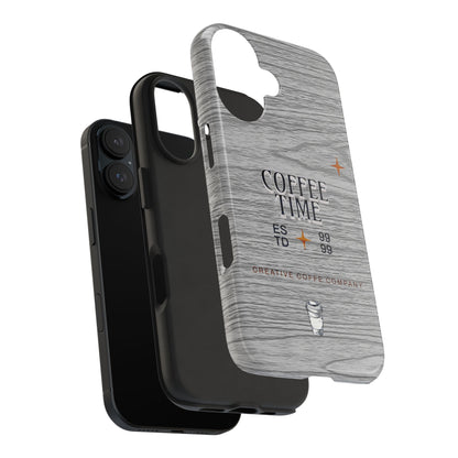 Coffee Time Tough Phone Case — Rustic Woodgrain Coffee Cup Design
