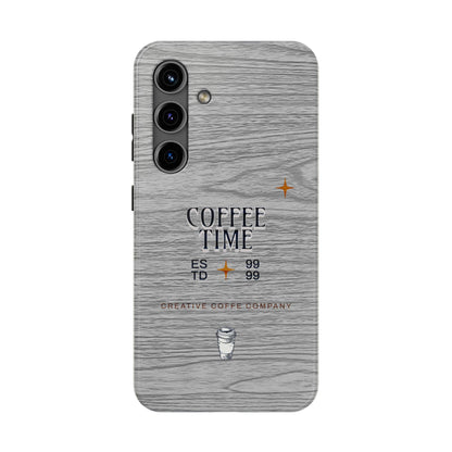 Coffee Time Tough Phone Case — Rustic Woodgrain Coffee Cup Design