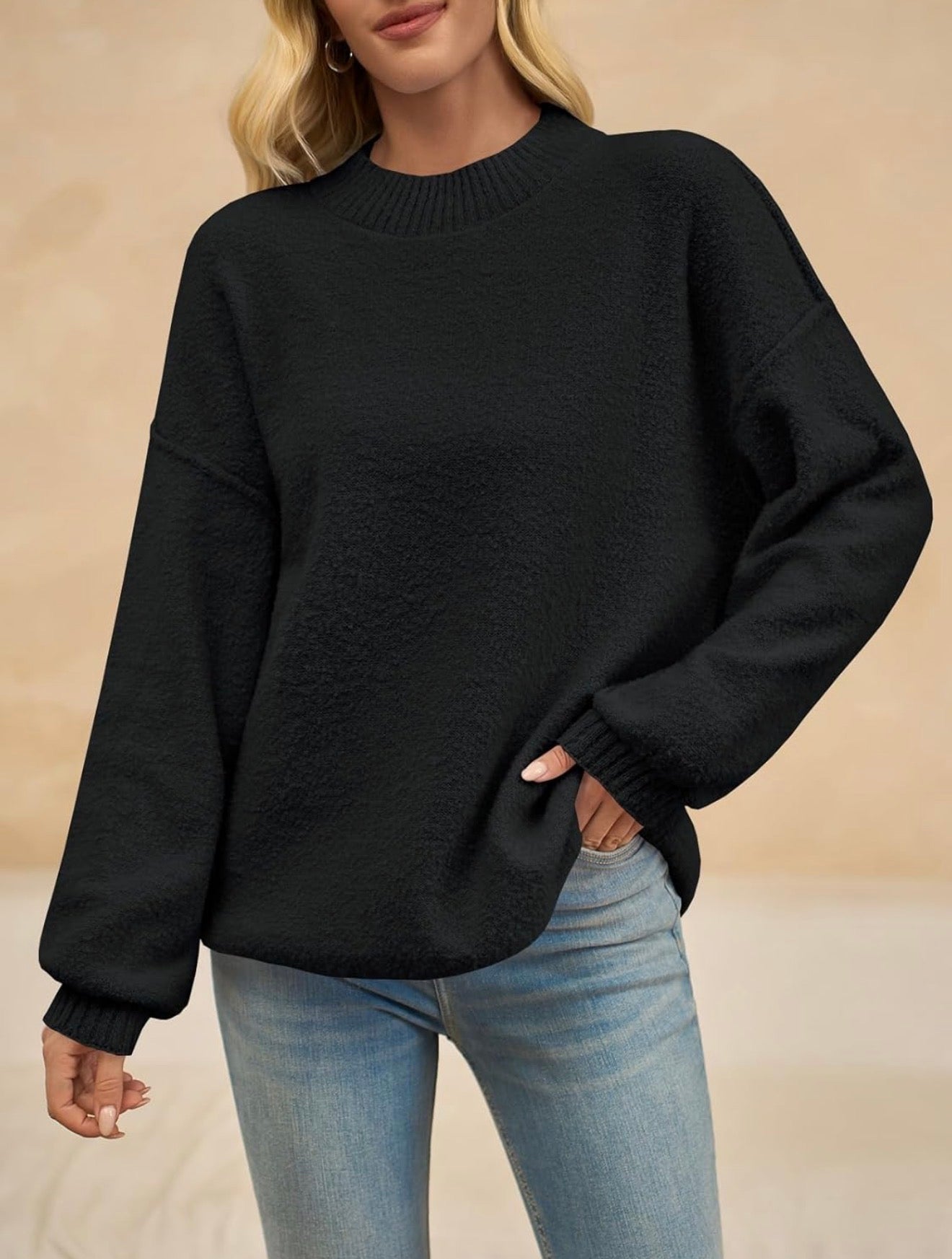 Saodimallsu - Suéteres de punto para mujer con cuello redondo, manga larga, esponjosos, casuales, sueltos y acogedores