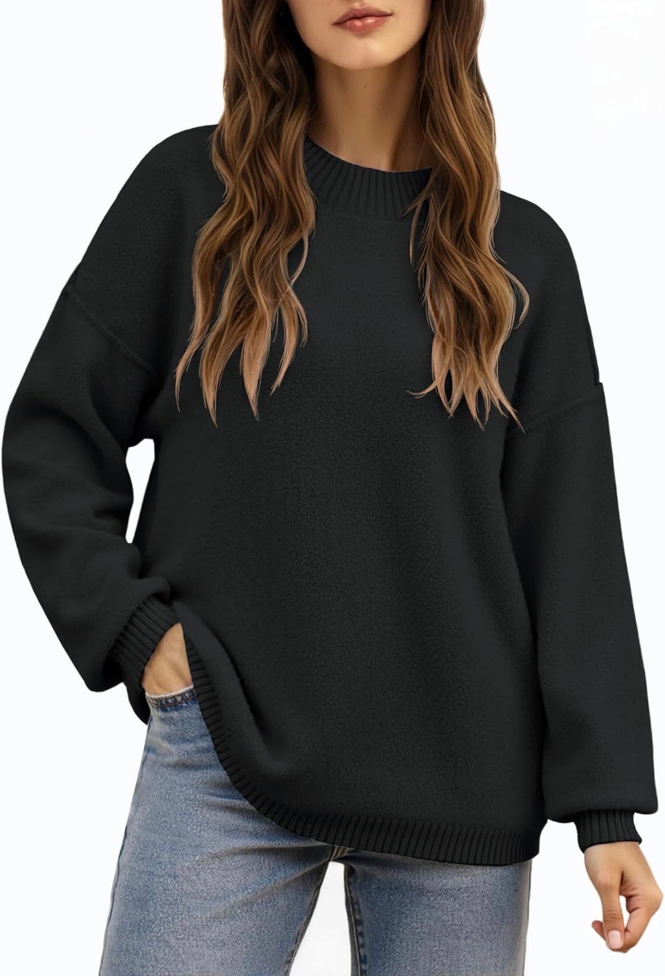 Saodimallsu - Suéteres de punto para mujer con cuello redondo, manga larga, esponjosos, casuales, sueltos y acogedores