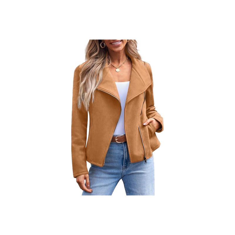 Chaqueta de cuero sintetico Efecto Gamuza Camel – Corte Cropped con Diseño Asimétrico frente abierto para otoño/invierno/primavera