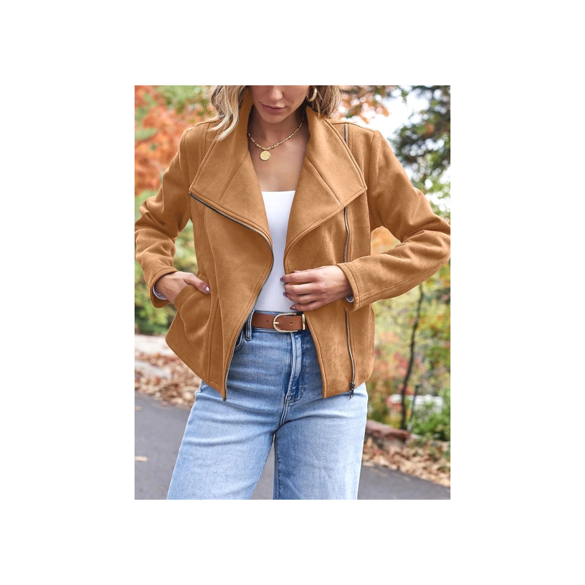 Chaqueta de cuero sintetico Efecto Gamuza Camel – Corte Cropped con Diseño Asimétrico frente abierto para otoño/invierno/primavera