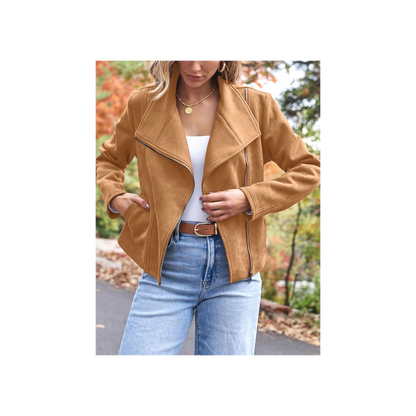 Chaqueta de cuero sintetico Efecto Gamuza Camel – Corte Cropped con Diseño Asimétrico frente abierto para otoño/invierno/primavera
