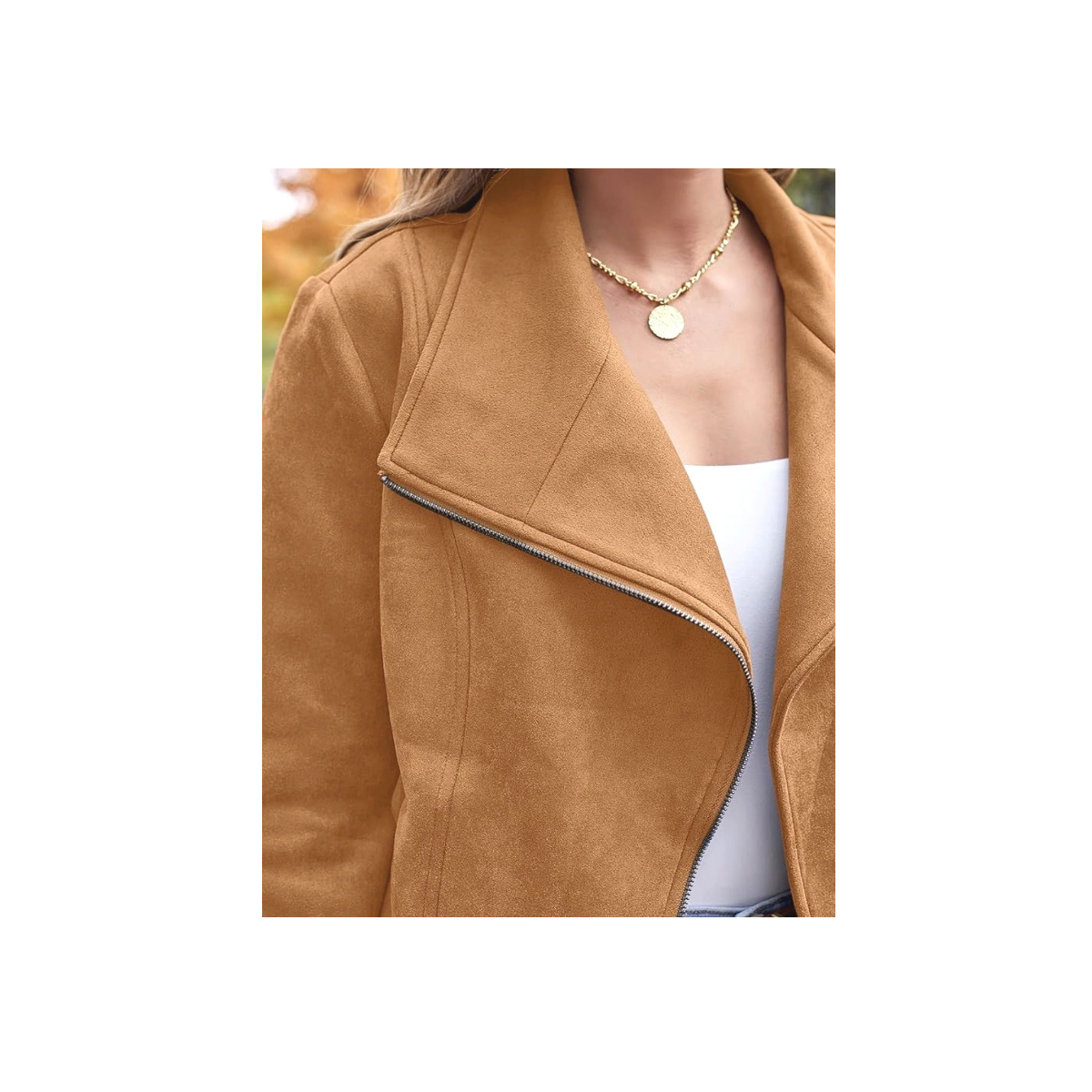 Chaqueta de cuero sintetico Efecto Gamuza Camel – Corte Cropped con Diseño Asimétrico frente abierto para otoño/invierno/primavera