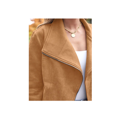 Chaqueta de cuero sintetico Efecto Gamuza Camel – Corte Cropped con Diseño Asimétrico frente abierto para otoño/invierno/primavera