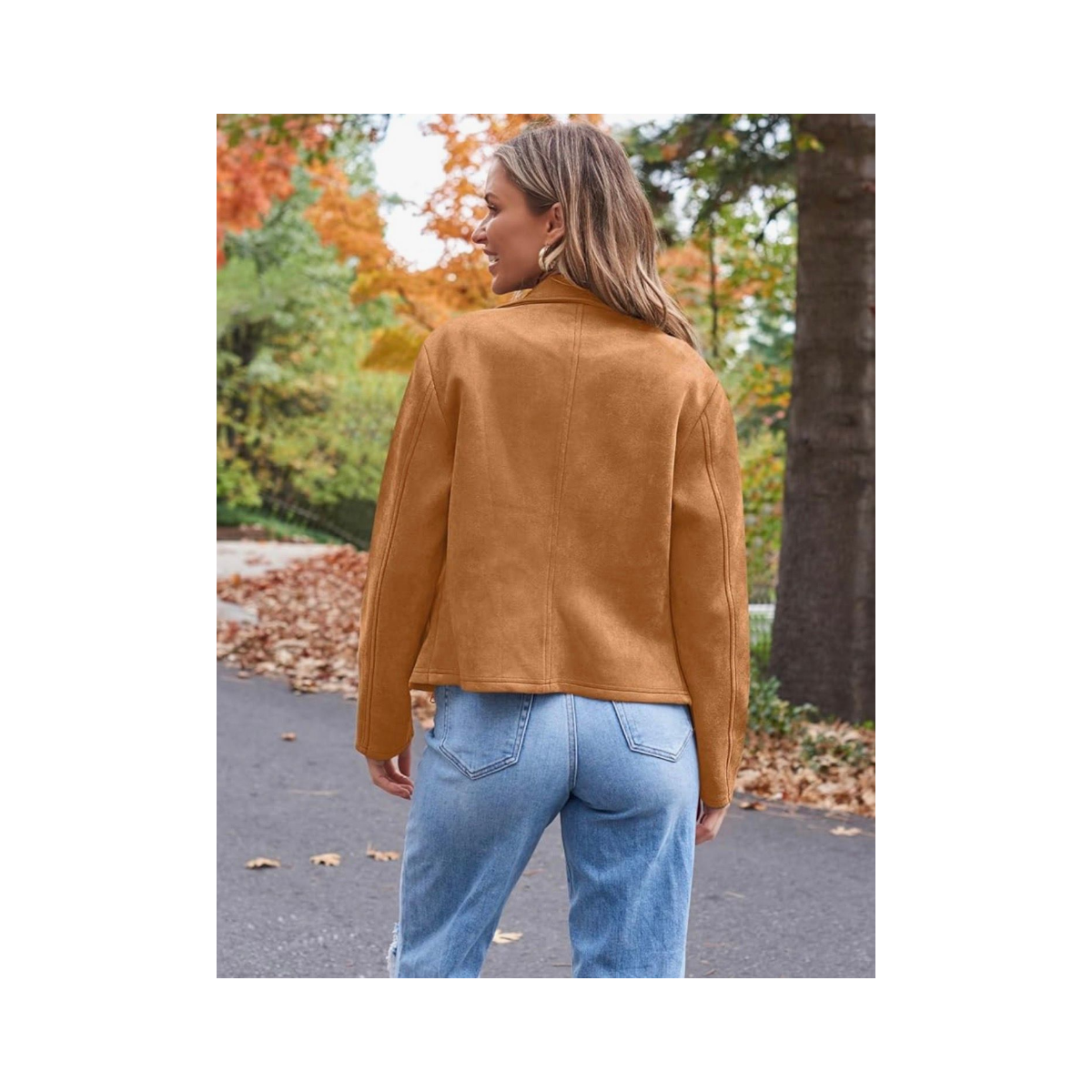 Chaqueta de cuero sintetico Efecto Gamuza Camel – Corte Cropped con Diseño Asimétrico frente abierto para otoño/invierno/primavera