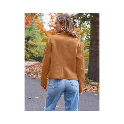 Chaqueta de cuero sintetico Efecto Gamuza Camel – Corte Cropped con Diseño Asimétrico frente abierto para otoño/invierno/primavera