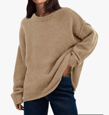 Saodimallsu - Suéteres holgados de cuello redondo para mujer, manga larga, de punto suelto, informal, para todas las estaciones