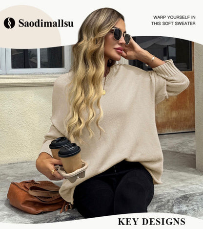Saodimallsu - Suéteres holgados de cuello redondo para mujer, manga larga, de punto suelto, informal, para todas las estaciones