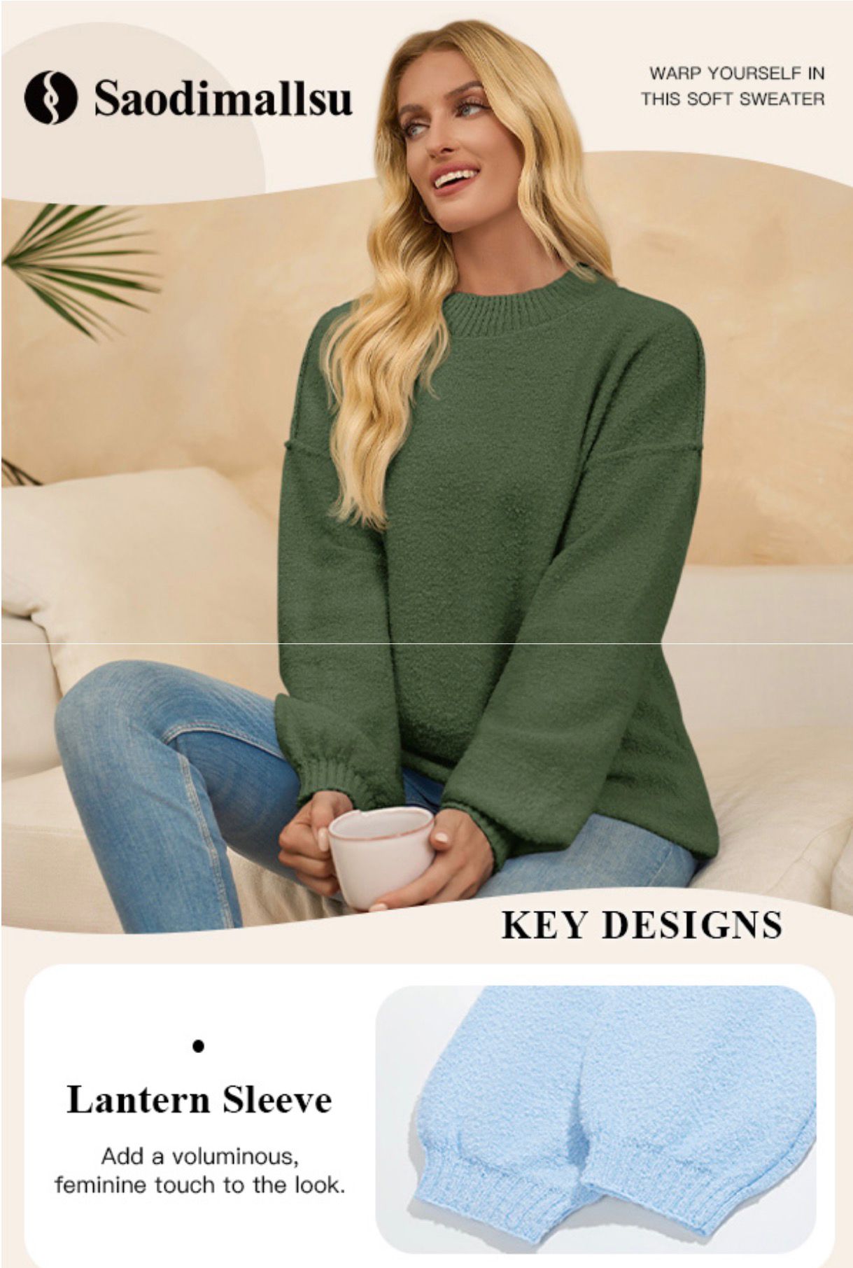 Saodimallsu - Suéteres de punto para mujer con cuello redondo, manga larga, esponjosos, casuales, sueltos y acogedores